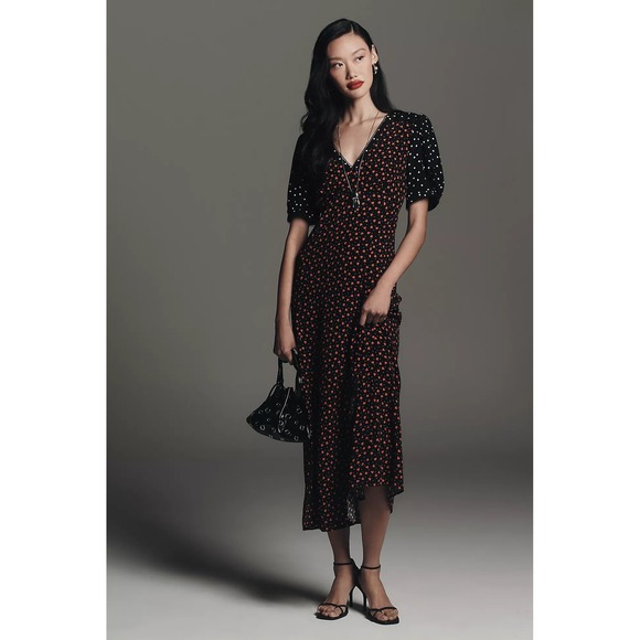 Maeve Dresses & Skirts - Maeve Anthropologie Heart Polka Dot V Neck A Line Midi Dress Large NWT